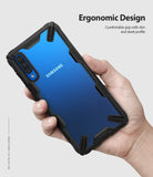 Galaxy A50 Case | Fusion-X - Hand holding a blue Samsung Galaxy A50 in a black, rugged Fusion-X protective case.