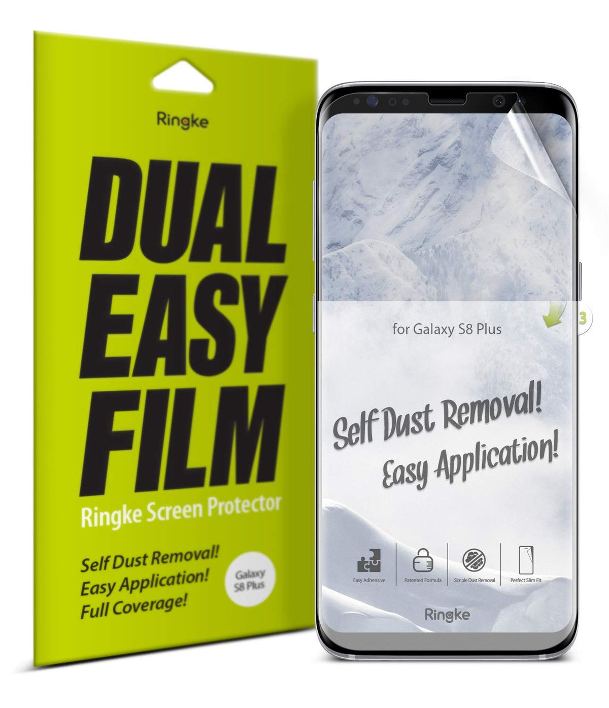 Galaxy S8 Plus Screen Protector | Dual Easy Film - Ringke screen protector packaging next to a Galaxy S8 Plus phone.