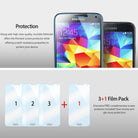 Galaxy S5 [INVISIBLE DEFENDER] 3+1 Pack Screen Protector - Two Galaxy S5 phones and four screen protector films.