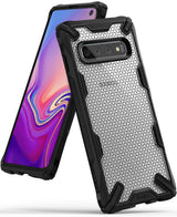 Galaxy S10 Case | Fusion-X Design - Rugged black protective case with a clear, geometric patterned back on a Galaxy S10.