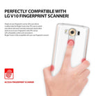 LG V10 Case | Fusion - Hand using a clear phone case to access the rear fingerprint scanner on an LG V10 smartphone.