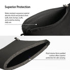 Cushion Pouch - Close-up views of a black neoprene pouch showing its water-resistant exterior and 8mm plush padded interior.