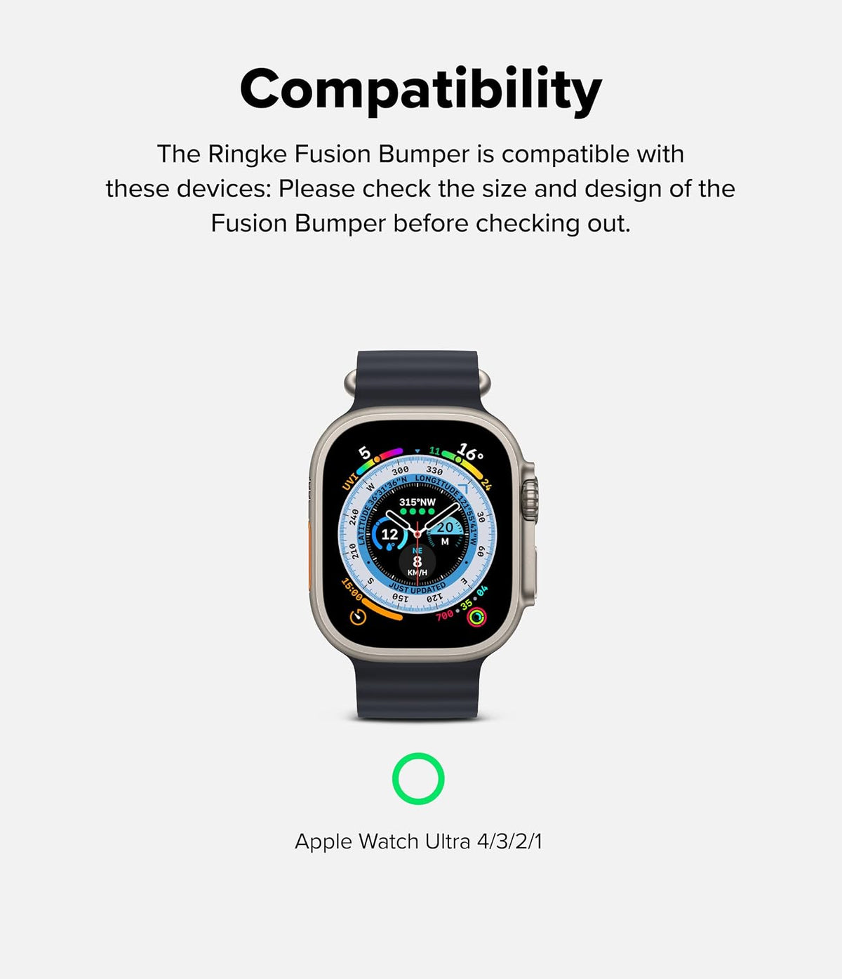 Apple Watch Ultra 4 / 3 / 2 / 1 Case | Fusion Bumper - Compatibility graphic showing an Apple Watch Ultra with a dark band and silver case, with text stating the Ringke Fusion Bumper is compatible with the Apple Watch Ultra 4/3/2/1 on a light gray background.
