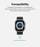 Apple Watch Ultra 4 / 3 / 2 / 1 Case | Fusion Bumper - Compatibility graphic showing an Apple Watch Ultra with a dark band and silver case, with text stating the Ringke Fusion Bumper is compatible with the Apple Watch Ultra 4/3/2/1 on a light gray background.