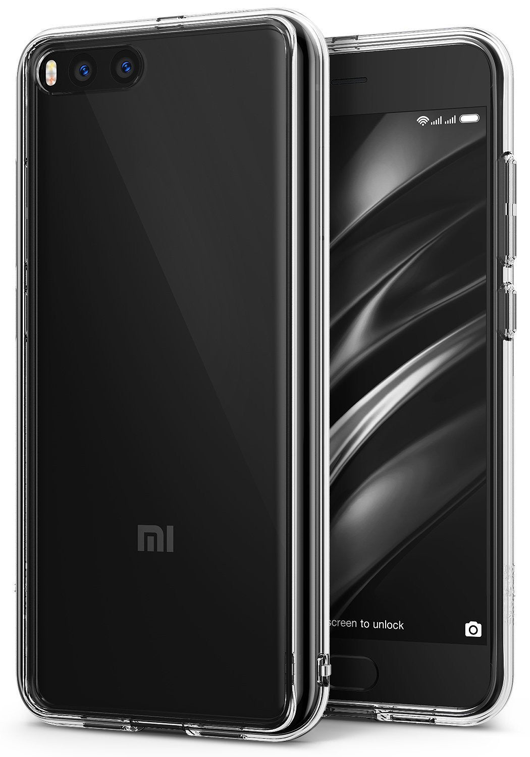 Mi 6 Case | Fusion - A clear protective case on a black Xiaomi Mi 6 smartphone showing both front and back views.