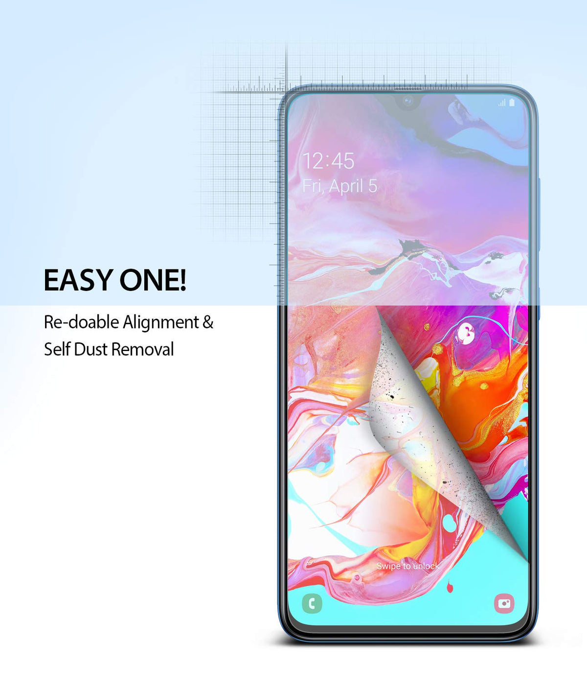 Galaxy A70 Screen Protector | Dual Easy Film - Smartphone screen protector being applied with dust removal layer.