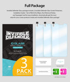 iPhone XS Screen Protector | Invisible Defender Glass - Package contents including three glass protectors, wipes, squeegee, and installation guide.