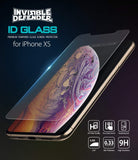 iPhone XS Screen Protector | Invisible Defender Glass - iPhone XS Screen Protector - Invisible Defender glass being applied to an iPhone XS with feature icons for HD and 9H hardness.