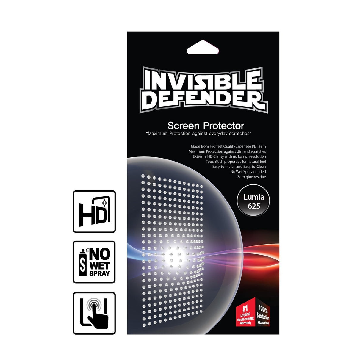 Nokia Lumia 625, Ringke® [INVISIBLE DEFENDER] 3 Pack Screen Protector - Nokia Lumia 625 Screen Protector - Ringke Invisible Defender packaging for Nokia Lumia 625 with feature icons.