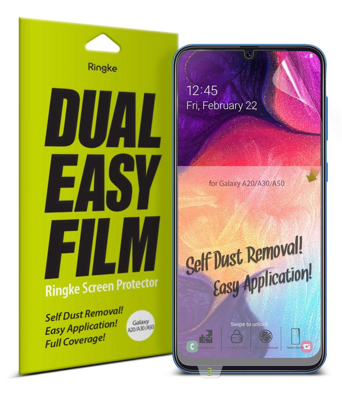 Galaxy A30 Screen Protector | Dual Easy Film - Galaxy A30 Screen Protector - Ringke Dual Easy Film packaging next to a smartphone with a screen protector applied.