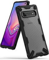 Galaxy S10 Case | Fusion-X Design - Rugged black protective case on a Galaxy S10 with a textured back and colorful screen.