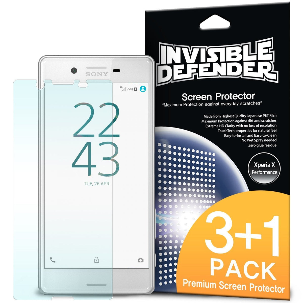 Xperia X Performance Screen Protector | Invisible Defender - Xperia X Performance Screen Protector - Invisible Defender 3+1 pack with a clear film overlaying a Sony smartphone.