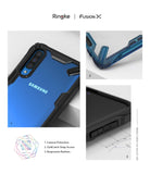 Galaxy A50 Case | Fusion-X - Close-ups of phone case features: camera protection, strap access, and responsive side buttons.