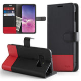 Galaxy S10e Case | Wallet - Black and red leather wallet case for Galaxy S10e with card slots, cash pocket, and stand.