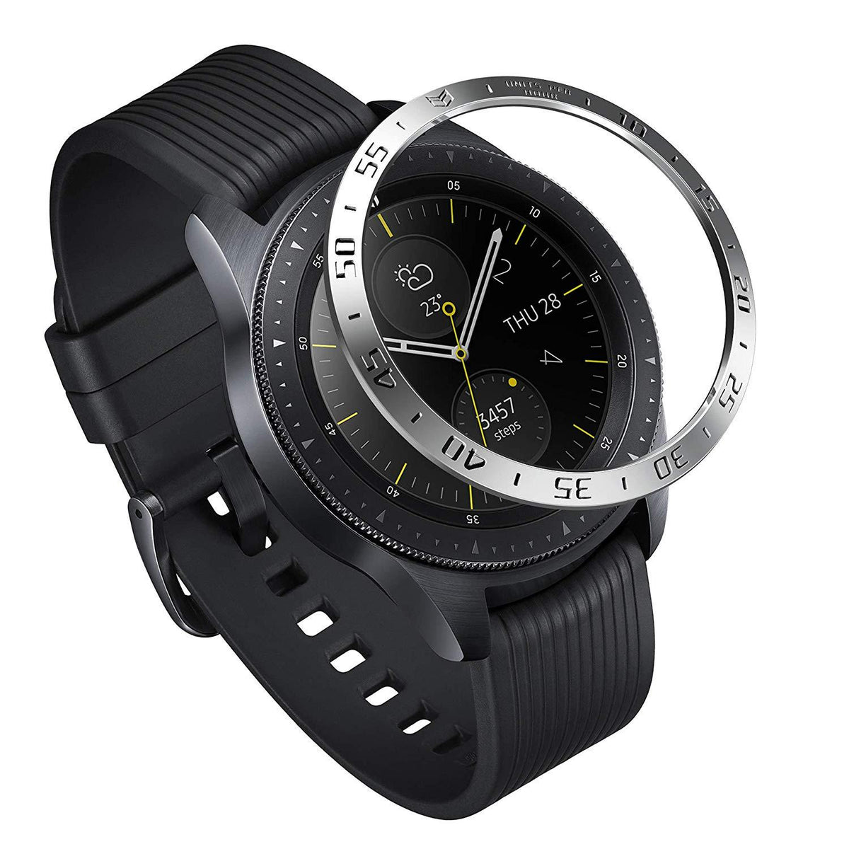 Galaxy Watch (42mm) | Bezel Styling - A black smartwatch with a silver tachymeter bezel ring hovering above the watch face.