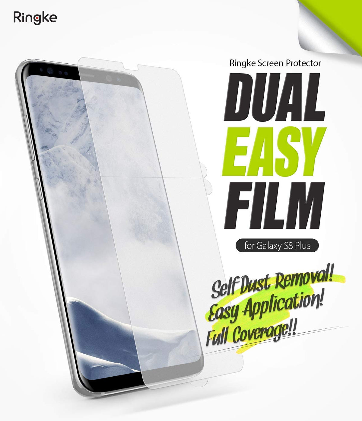 Galaxy S8 Plus Screen Protector | Dual Easy Film - Galaxy S8 Plus Screen Protector - A transparent film being applied to a Galaxy S8 Plus smartphone with promotional text.