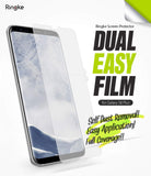 Galaxy S8 Plus Screen Protector | Dual Easy Film - Galaxy S8 Plus Screen Protector - A transparent film being applied to a Galaxy S8 Plus smartphone with promotional text.