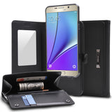 Galaxy Note 5 Case | Wallet - Black leather wallet case holding a Samsung Galaxy Note 5 with card slots and cash storage.