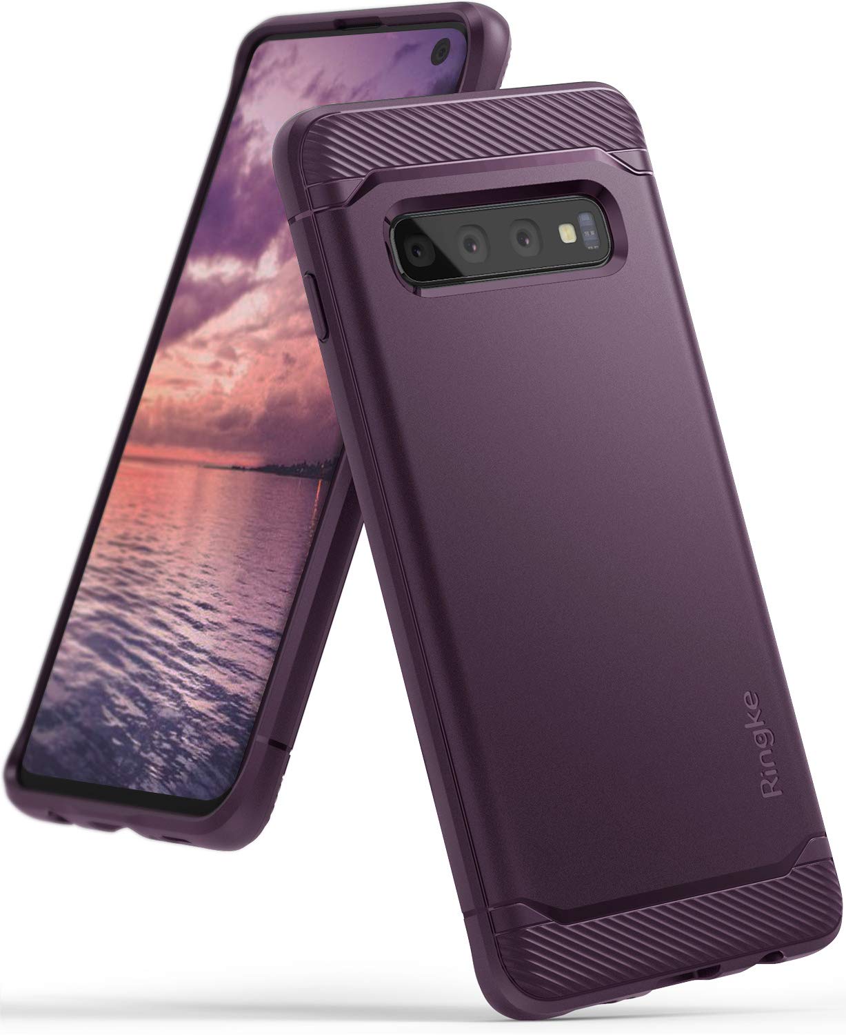 Galaxy S10 Case | Onyx - Purple Onyx phone case with textured top and bottom edges and a smooth back, shown from front and back.