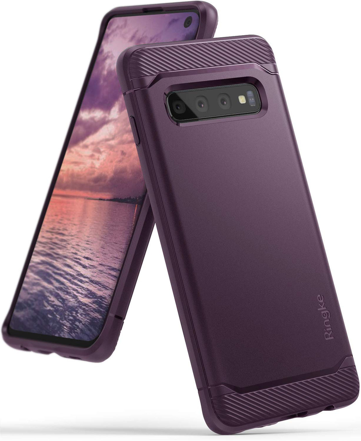 Galaxy S10 Case | Onyx - Purple Onyx phone case with textured top and bottom edges and a smooth back, shown from front and back.