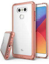 LG G6 Case | Fusion - Clear phone case with rose gold bumper for LG G6, shown from back, front, and side angles.
