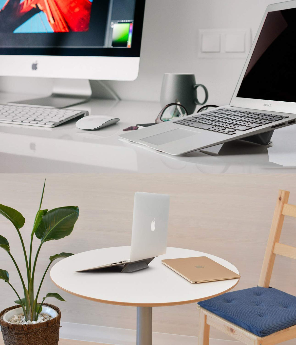 Laptop Stand - A silver laptop elevated on a sleek, angled stand on a white desk and a small round table.