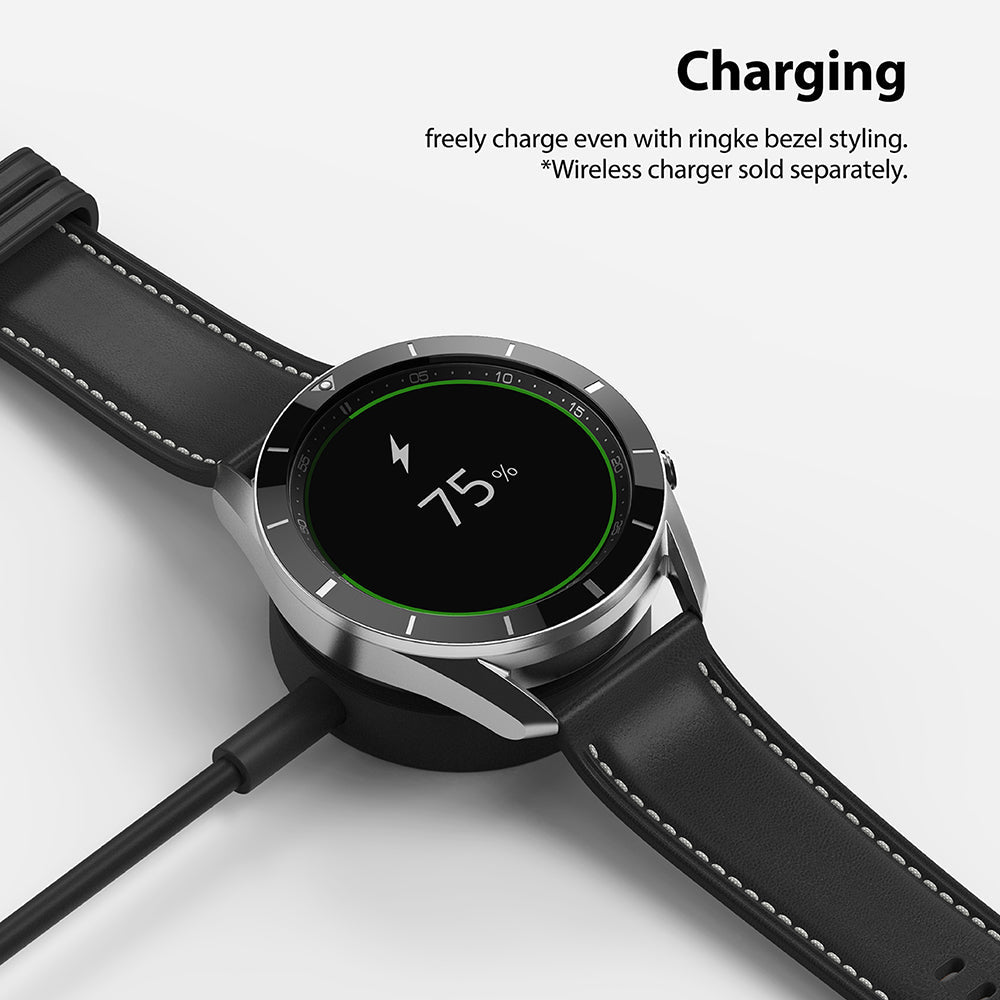 Galaxy Watch 3 (45mm) | Bezel Styling - Smartwatch with black bezel styling charging on a wireless dock at 75%.