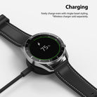 Galaxy Watch 3 (45mm) | Bezel Styling - Smartwatch with black bezel styling charging on a wireless dock at 75%.