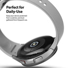 Galaxy Watch 4 Classic 46mm | Bezel Styling - Close-up of a silver smartwatch with a protective bezel and grey strap.