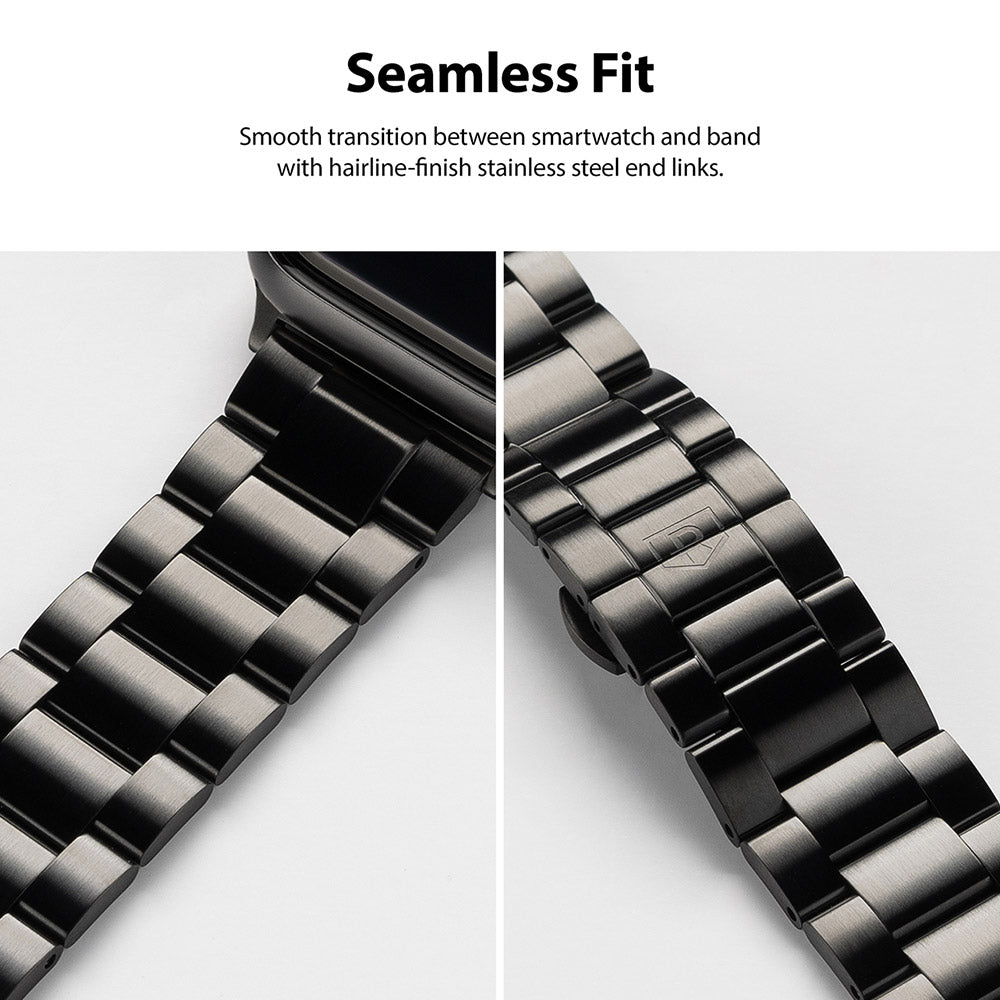 Apple Watch 49·46·45·44·42 mm | Metal One Band - Close-up of a black stainless steel watch band showing seamless links.