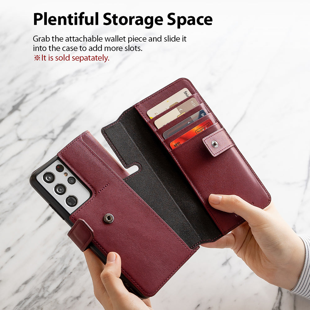 Galaxy S21 Ultra Case | Folio Signature+ - Maroon leather folio phone case with an attachable wallet insert holding cards.