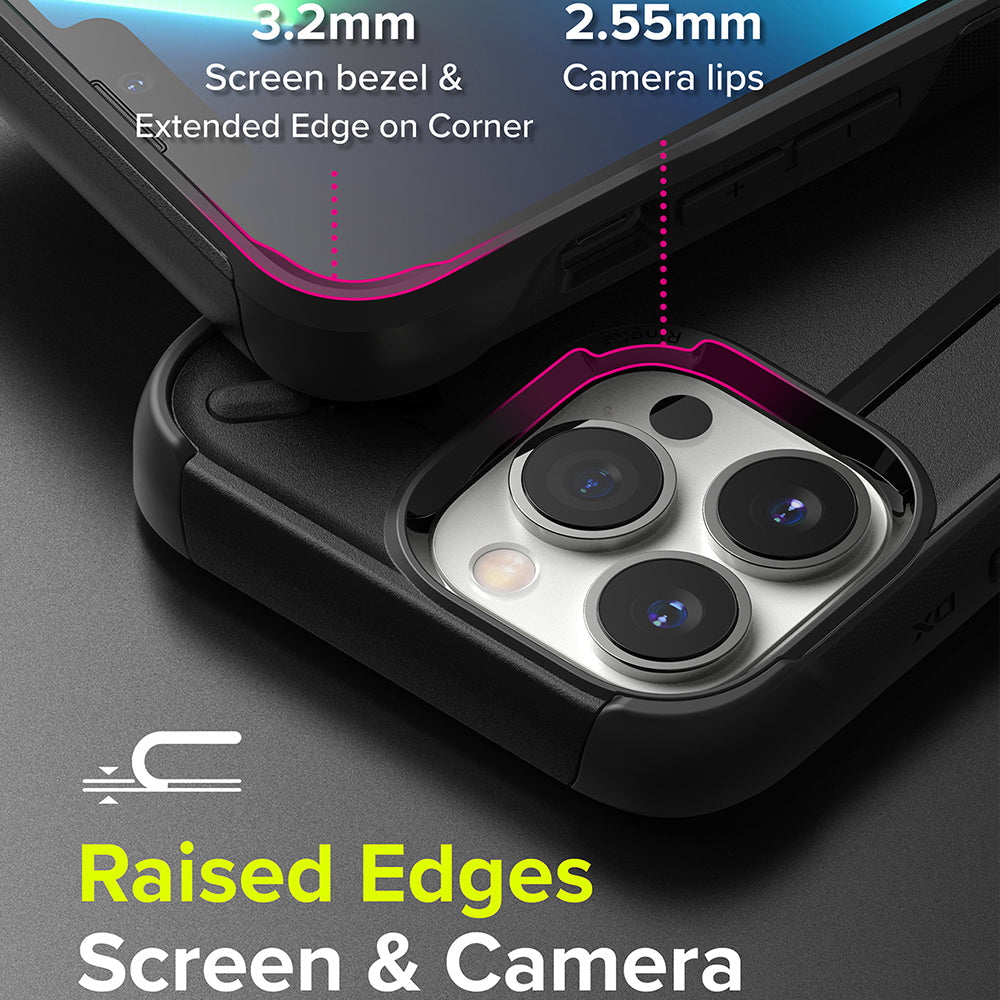 iPhone 13 Pro Case | DX - Close-up of phone case showing 3.2mm screen bezel and 2.55mm camera lips with highlighted edges.