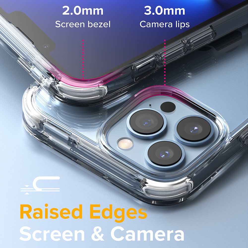 iPhone 13 Pro Max Case | Fusion Plus - Clear phone case highlighting 2.0mm screen bezel and 3.0mm camera lip protection.