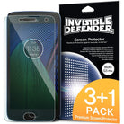 Moto G5 Plus Screen Protector | Film - Moto G5 Plus phone with screen protector next to Invisible Defender 3+1 pack box.