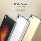 Mi 5 Case | Fusion - Three Xiaomi Mi 5 phones in clear protective cases displayed against a gold gradient background.