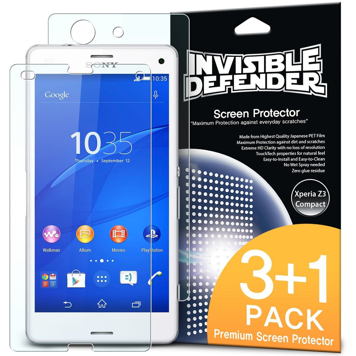 Xperia Z3 Compact Screen Protector | Invisible Defender - Xperia Z3 Compact Screen Protector - Invisible Defender 3+1 pack with a clear film overlaying a Sony smartphone screen.