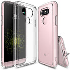 LG G5 Case | Fusion - Clear protective phone case shown on a pink LG G5 smartphone from front, back, and side angles.