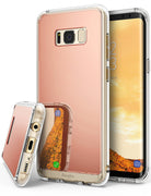 Galaxy S8 Case | Mirror - Rose gold reflective phone case with clear bumper, shown from back and bottom angles.
