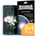 LG K7 / Tribute 5 Screen Protector | Invisible Defender - LG K7 / Tribute 5 Screen Protector - Invisible Defender 3+1 pack with a smartphone displaying a white flower wallpaper.