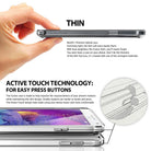 Galaxy Note 4 Case | Fusion - Hand holding a thin, clear phone case with highlighted button design and descriptive text.