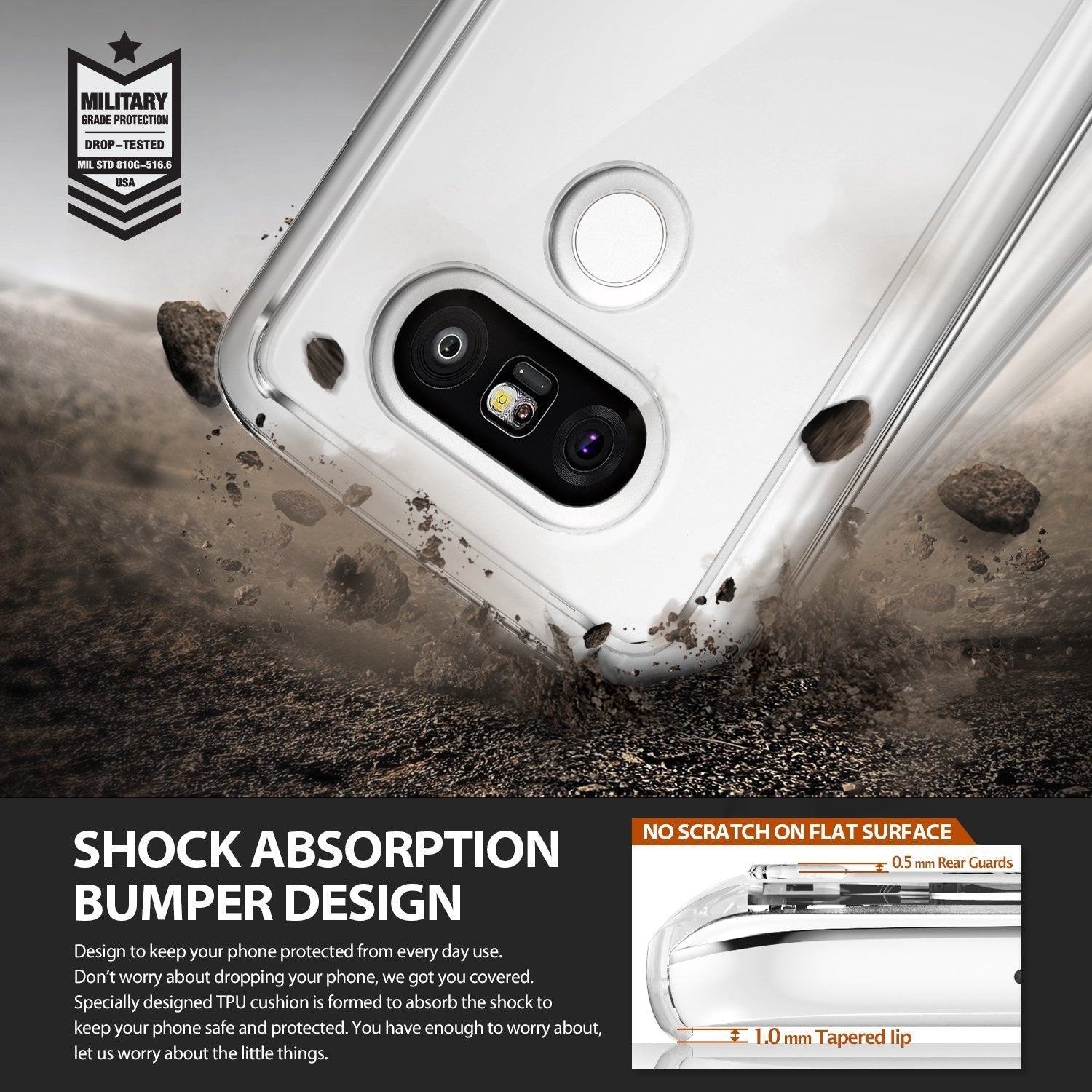 LG G5 Case | Fusion - Clear protective phone case showing camera cutout, military grade badge, and tapered lip design.