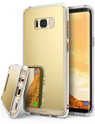 Galaxy S8 Case | Mirror - Gold reflective phone case with clear edges shown from back and bottom angles on a Galaxy S8.