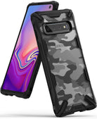 Galaxy S10 Case | Fusion-X Design - Rugged black phone case with a transparent grey camouflage back panel on a Galaxy S10.