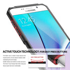 Galaxy Note 5 Case | Rebel - Close-up of a Samsung phone in a black case highlighting red, responsive Active Touch buttons.