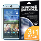 HTC Desire EYE [INVISIBLE DEFENDER] 3 Pack - HTC Desire EYE phone with screen protector next to 3+1 pack retail box.