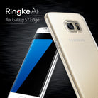 Galaxy S7 Edge Case | Air - A clear, slim protective case on a gold Samsung Galaxy S7 Edge against a dark brushed background.