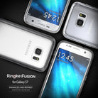 Galaxy S7 Case | Fusion - Clear protective cases on white Samsung Galaxy S7 phones against a dark, textured background.