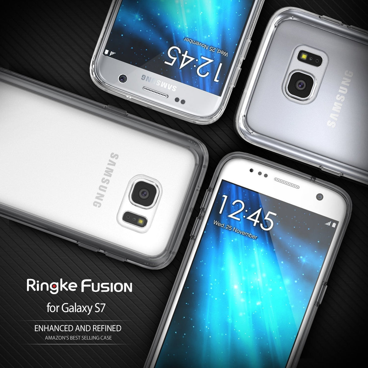 Galaxy S7 Case | Fusion - Four views of a clear Samsung Galaxy S7 phone case on a dark, textured background.