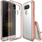 LG G5 Case | Fusion - Rose gold clear protective case shown from front, back, and side angles on an LG G5 smartphone.