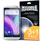 HTC One M9 [INVISIBLE DEFENDER] 3+1 Pack - HTC One M9 smartphone next to a black product box for a 3+1 screen protector pack.